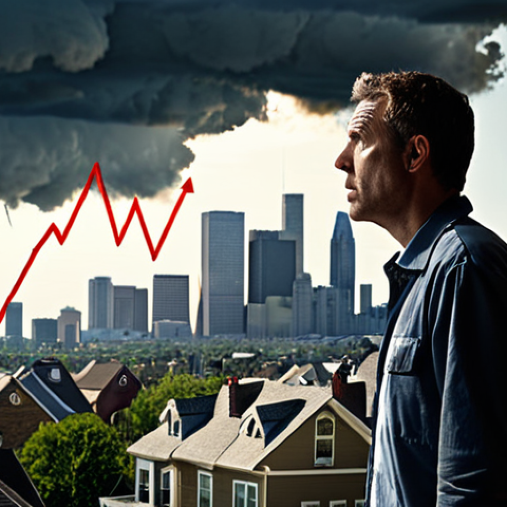**Interest Rate Impact on Housing Market:** A distressed homeowner or investor stands before a city skyline, their face showing anxiety. Behind them, a dynamic graph of rising interest rates looms like a storm cloud, casting a shadow over a prominent house in the foreground, subtly cracking. The scene evokes a feeling of financial burden and uncertainty in the real estate market.