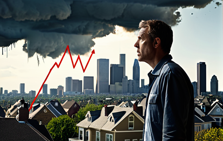 **Interest Rate Impact on Housing Market:** A distressed homeowner or investor stands before a city skyline, their face showing anxiety. Behind them, a dynamic graph of rising interest rates looms like a storm cloud, casting a shadow over a prominent house in the foreground, subtly cracking. The scene evokes a feeling of financial burden and uncertainty in the real estate market.