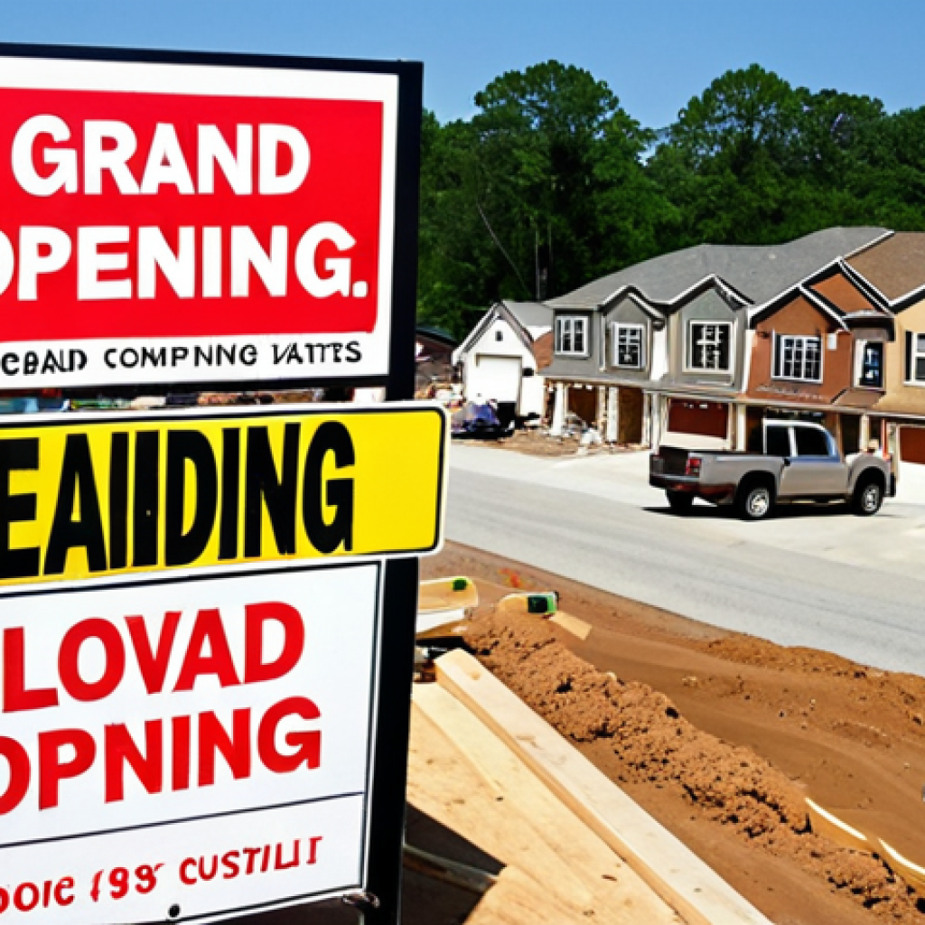 **Image Prompt:** A bustling construction site in a suburban neighborhood. New homes are being built rapidly. A local hardware store is visible in the background with a sign that reads "Grand Opening!" and contractors are loading supplies into their trucks. The overall mood is optimistic and busy, reflecting the positive impact of lower interest rates on the housing market.