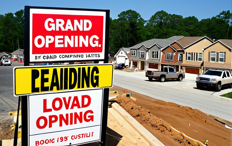 **Image Prompt:** A bustling construction site in a suburban neighborhood. New homes are being built rapidly. A local hardware store is visible in the background with a sign that reads "Grand Opening!" and contractors are loading supplies into their trucks. The overall mood is optimistic and busy, reflecting the positive impact of lower interest rates on the housing market.