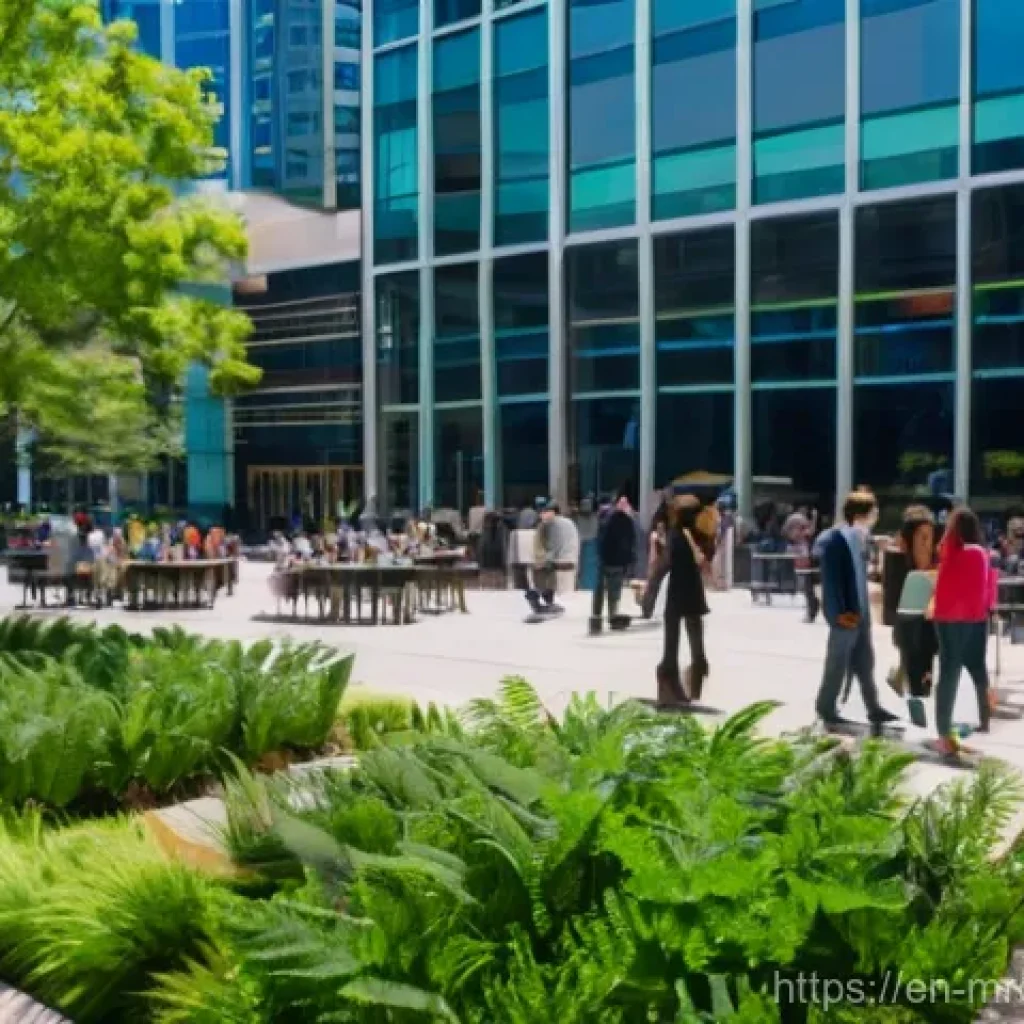 부동산 사이클의 지역별 차이점 - **Prompt:** A dynamic, eye-level shot of a bustling urban plaza in a thriving tech city like Austin ...