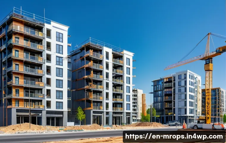 부동산 사이클 분석의 성공 사례 - A detailed urban real estate scene during the expansion phase: modern apartment buildings under cons...