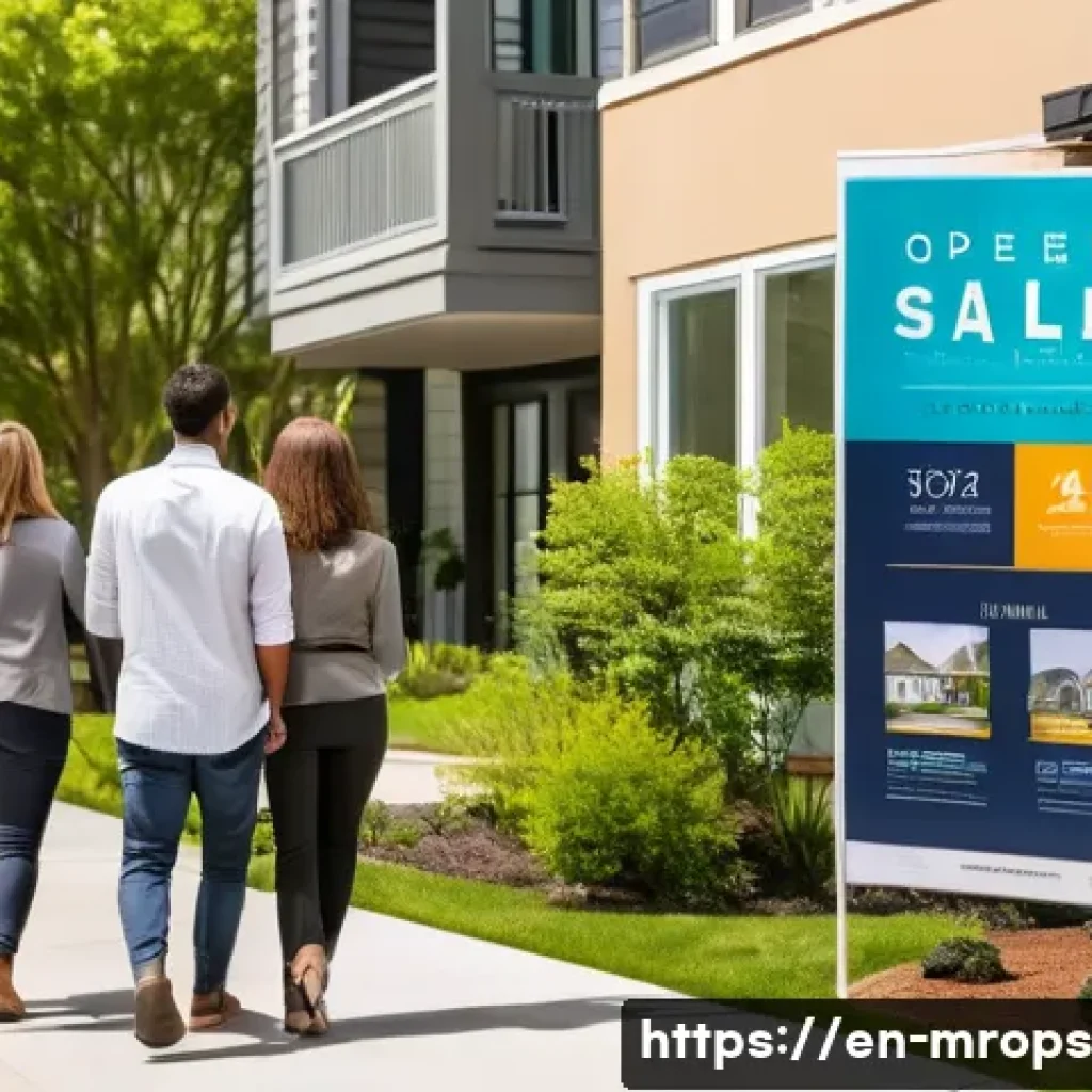 부동산 사이클과 세금 정책의 관계 - A modern urban real estate scene during a sunny day, featuring diverse prospective homebuyers browsi...