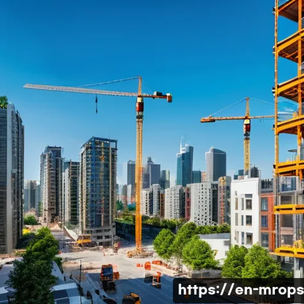 부동산 시장 사이클 분석의 중요성 - A detailed urban real estate market scene during the expansion phase, showing modern apartment build...