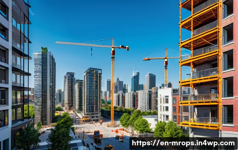 부동산 시장 사이클 분석의 중요성 - A detailed urban real estate market scene during the expansion phase, showing modern apartment build...