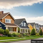 Home 22 부동산 사이클과 마케팅 전략의 적합성 - A modern suburban neighborhood scene during a balanced real estate market phase, showing diverse you...
