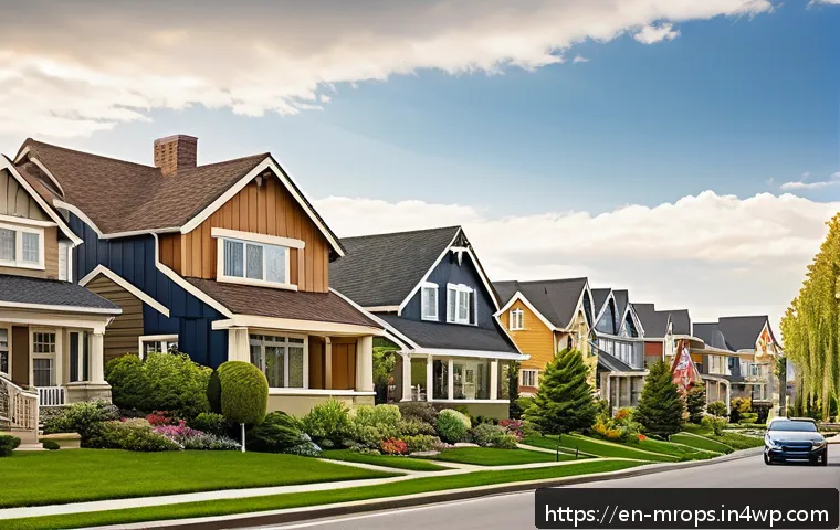 부동산 사이클과 마케팅 전략의 적합성 - A modern suburban neighborhood scene during a balanced real estate market phase, showing diverse you...