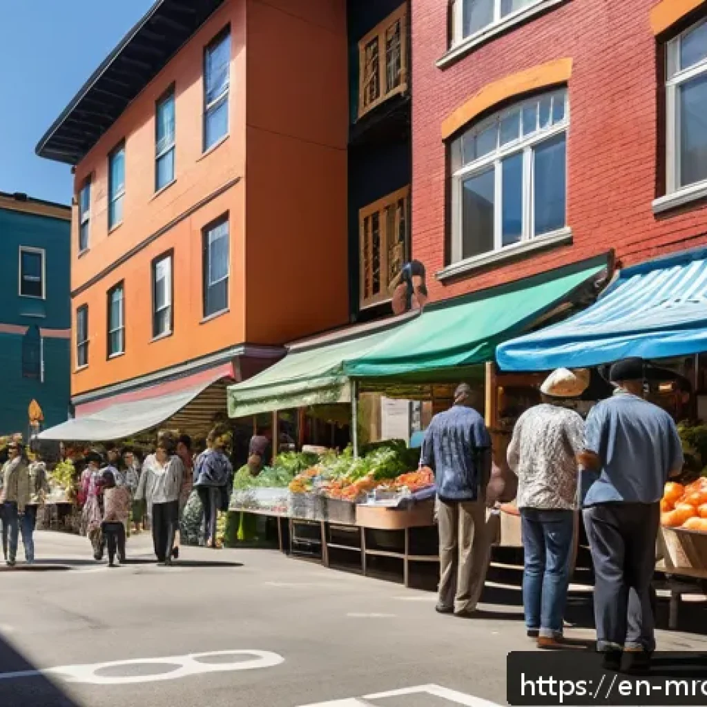 부동산 시장 사이클 분석의 사회적 의미 - A vibrant urban neighborhood scene showing a diverse community gathering at a local farmers market, ...