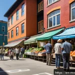 Home 20 부동산 시장 사이클 분석의 사회적 의미 - A vibrant urban neighborhood scene showing a diverse community gathering at a local farmers market, ...