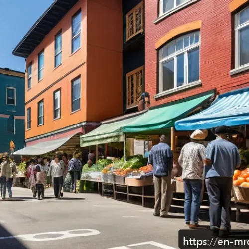 Home 32 부동산 시장 사이클 분석의 사회적 의미 - A vibrant urban neighborhood scene showing a diverse community gathering at a local farmers market, ...