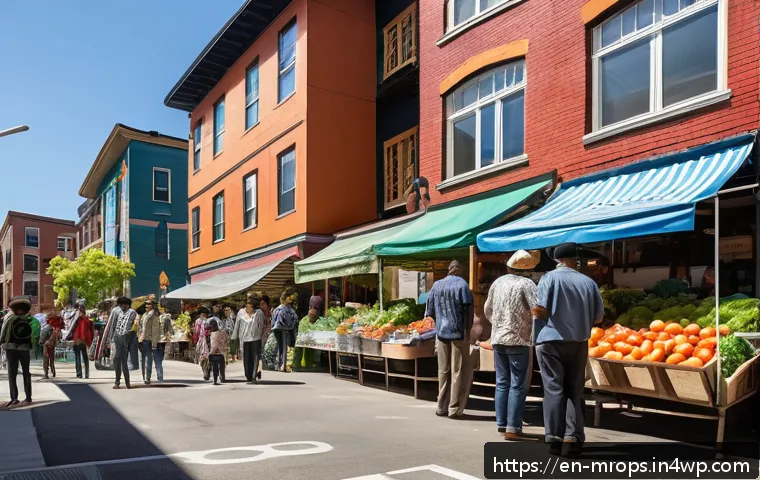 부동산 시장 사이클 분석의 사회적 의미 - A vibrant urban neighborhood scene showing a diverse community gathering at a local farmers market, ...