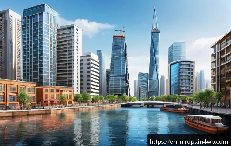 부동산 시장 사이클 분석  주요 결론 정리 - A dynamic urban real estate market scene illustrating the four key phases of the cycle: expansion, p...